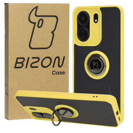 Etui z uchwytem na palec Bizon Case Hybrid Ring do Xiaomi Redmi 13C / Xiaomi Poco C65, przydymione z żółtą ramką