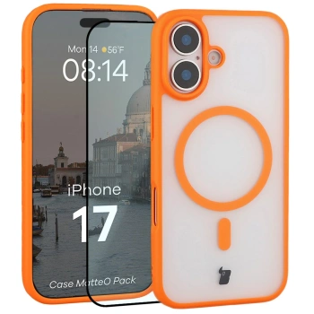 Etui z pierścieniem magnetycznym + szkło hartowane Bizon MatteO Pack do iPhone 17, przydymione-pomarańczowe