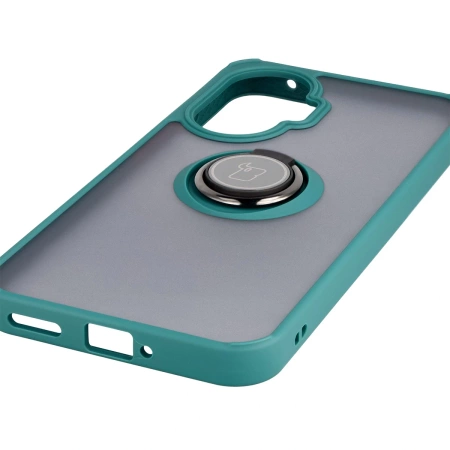 Etui z uchwytem na palec Bizon Case Hybrid Ring do Xiaomi POCO F7, przydymione z ciemnozieloną ramką