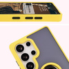Etui z uchwytem na palec Bizon Case Hybrid Ring do Galaxy S25 Ultra, przydymione z żółtą ramką