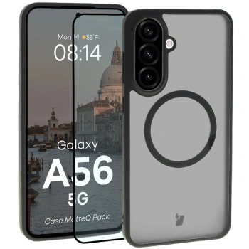 Etui z pierścieniem magnetycznym + szkło hartowane Bizon MatteO Pack do Galaxy A56 5G, przydymione-czarne