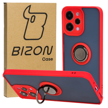 Etui z uchwytem na palec Bizon Case Hybrid Ring do Xiaomi Redmi 12, przydymione z czerwoną ramką