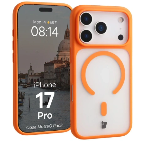 Etui z pierścieniem magnetycznym + szkło hartowane Bizon MatteO Pack do iPhone 17 Pro, przydymione-pomarańczowe