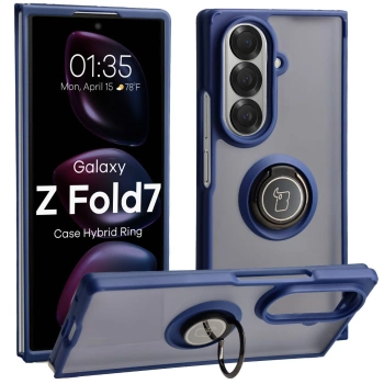 Etui z uchwytem na palec Bizon Case Hybrid Ring do Galaxy Z Fold7, przydymione z ciemnoniebieską ramką