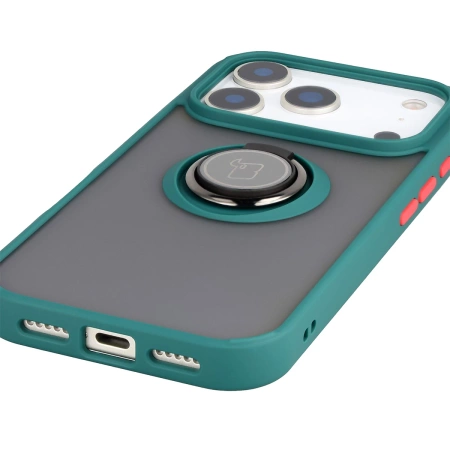 Etui z uchwytem na palec Bizon Case Hybrid Ring do iPhone 17 Pro, przydymione z ciemnozieloną ramką