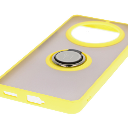 Etui z uchwytem na palec Bizon Case Hybrid Ring do Honor Magic7 Lite, przydymione z żółtą ramką