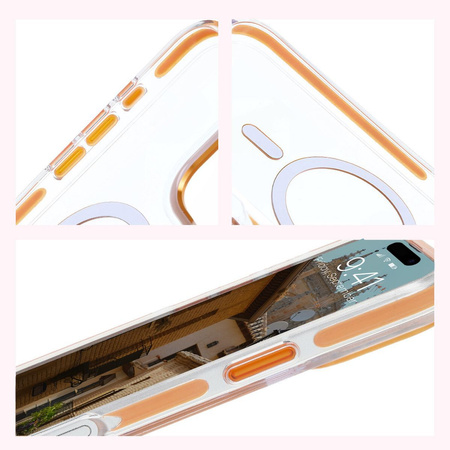 Etui z pierścieniem magnetycznym Bizon Case Marco do iPhone 16 Pro, przezroczyste z pomarańczową ramką