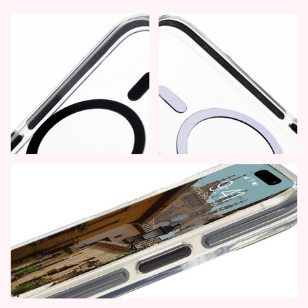 Etui z pierścieniem magnetycznym Bizon Case Marco do iPhone 15, przezroczyste z czarną ramką