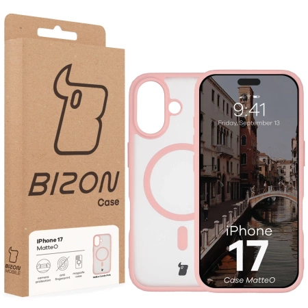 Etui z pierścieniem magnetycznym Bizon Case MatteO do iPhone 17, przydymione-jasnoróżowe