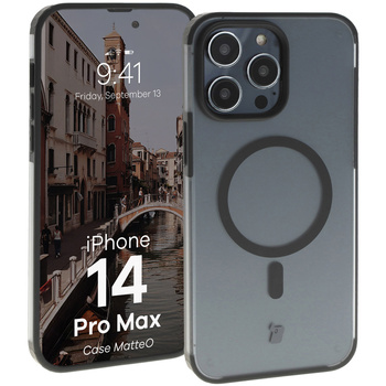 Etui z pierścieniem magnetycznym Bizon Case MatteO do iPhone 14 Pro Max, półprzezroczyste z czarną ramką