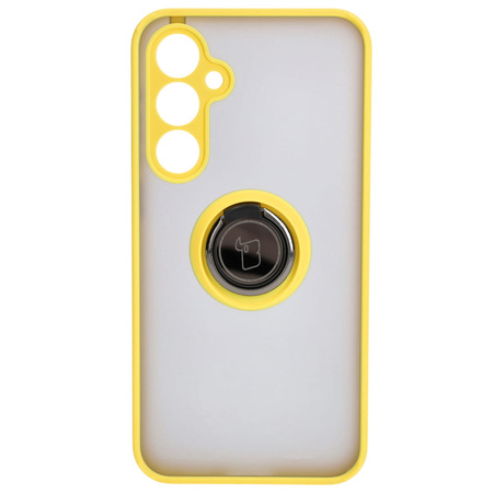 Etui z uchwytem na palec Bizon Case Hybrid Ring do Galaxy S23 FE, przydymione z żółtą ramką