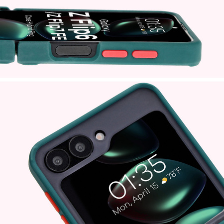 Etui z uchwytem na palec Bizon Case Hybrid Ring do Galaxy Z Flip7 FE / Z Flip6, przydymione z ciemnozieloną ramką
