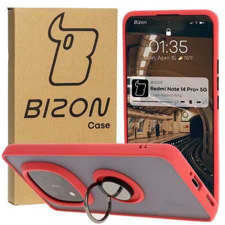 Etui z uchwytem na palec Bizon Case Hybrid Ring do Xiaomi Redmi Note 14 Pro Plus 5G, przydymione z czerwoną ramką