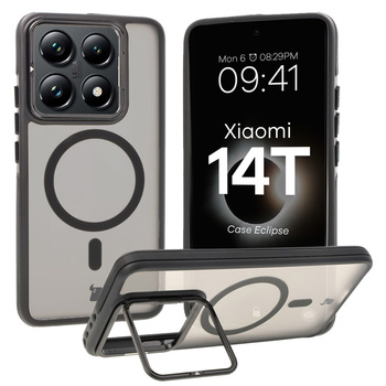 Etui z podstawką i pierścieniem magnetycznym Bizon Case Eclipse do Xiaomi 14T, przydymione z czarną ramką
