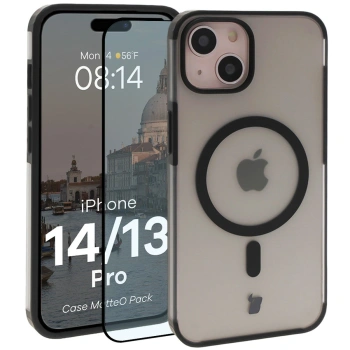 Etui z pierścieniem magnetycznym + szkło hartowane Bizon MatteO Pack do iPhone 14 / 13, przydymione-czarne