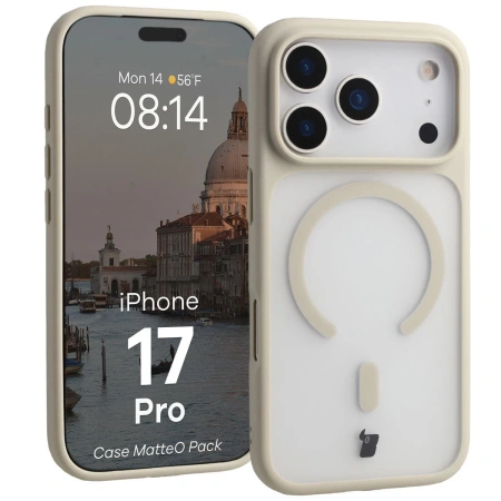 Etui z pierścieniem magnetycznym + szkło hartowane Bizon MatteO Pack do iPhone 17 Pro, przydymione-beżowe