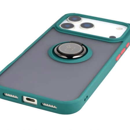 Etui z uchwytem na palec Bizon Case Hybrid Ring do iPhone 17 Pro Max, przydymione z ciemnozieloną ramką