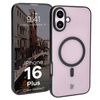 Etui z pierścieniem magnetycznym Bizon Case MatteO do iPhone 16 Plus, półprzezroczyste z czarną ramką