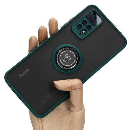 Etui z uchwytem na palec Bizon Case Hybrid Ring do Xiaomi Redmi Note 11 / 11S 4G, przydymione z ciemnozieloną ramką