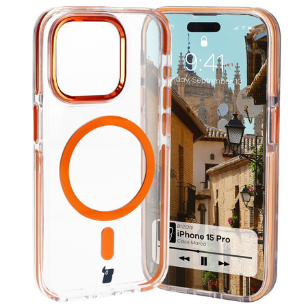 Etui z pierścieniem magnetycznym Bizon Case Marco do iPhone 15 Pro, przezroczyste z pomarańczową ramką
