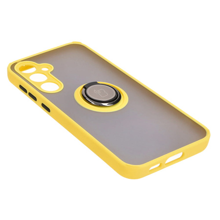 Etui z uchwytem na palec Bizon Case Hybrid Ring do Galaxy S23 FE, przydymione z żółtą ramką