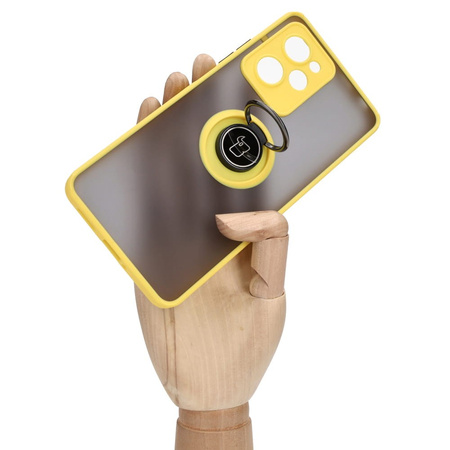 Etui z uchwytem na palec Bizon Case Hybrid Ring do Xiaomi Poco X5 Pro, przydymione z żółtą ramką