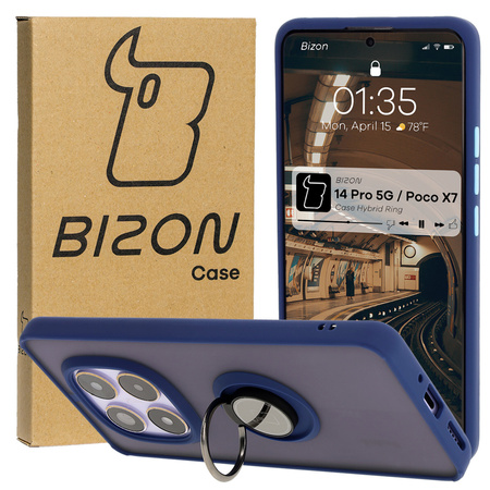 Etui z uchwytem na palec Bizon Case Hybrid Ring do Xiaomi Redmi Note 14 Pro 5G / Poco X7, przydymione z granatową ramką