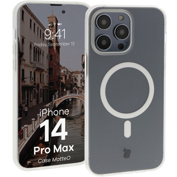 Etui z pierścieniem magnetycznym Bizon Case MatteO do iPhone 14 Pro Max, półprzezroczyste z przezroczystą ramką
