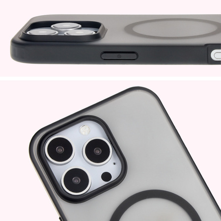 Etui z pierścieniem magnetycznym Bizon Case MatteO do iPhone 16 Pro Max, półprzezroczyste z czarną ramką