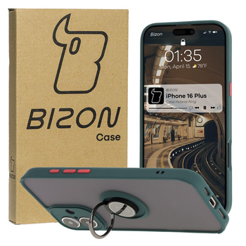 Etui z uchwytem na palec Bizon Case Hybrid Ring do iPhone 16 Plus, przydymione z ciemnozieloną ramką