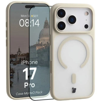Etui z pierścieniem magnetycznym + szkło hartowane Bizon MatteO Pack do iPhone 17 Pro, przydymione-beżowe