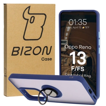 Etui z uchwytem na palec Bizon Case Hybrid Ring do Oppo Reno13 F / FS, przydymione z granatową ramką