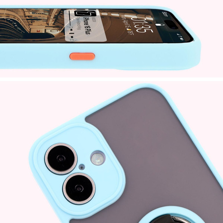 Etui z uchwytem na palec Bizon Case Hybrid Ring do iPhone 16 Plus, przydymione z jasnoniebieską ramką