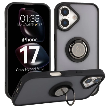 Etui z uchwytem na palec Bizon Case Hybrid Ring do iPhone 17, przydymione z czarną ramką