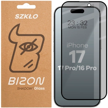 Prywatyzujące szkło hartowane Bizon Glass Edge Shadow do iPhone 16 Pro/ 17 / 17 Pro, przyciemniane z czarną ramką
