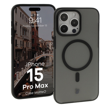 Etui z pierścieniem magnetycznym Bizon Case MatteO do iPhone 15 Pro Max, półprzezroczyste z czarną ramką
