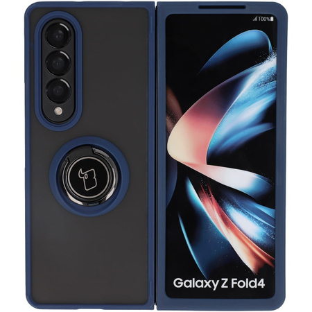 Etui z uchwytem na palec Bizon Case Hybrid Ring do Galaxy Z Fold4, przydymione z granatową ramką