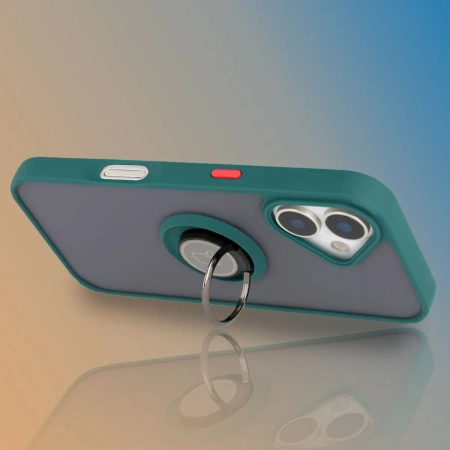 Etui z uchwytem na palec Bizon Case Hybrid Ring do iPhone 17, przydymione z ciemnozieloną ramką