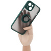 Etui z uchwytem na palec Bizon Case Hybrid Ring do iPhone 14, przydymione z ciemnozieloną ramką