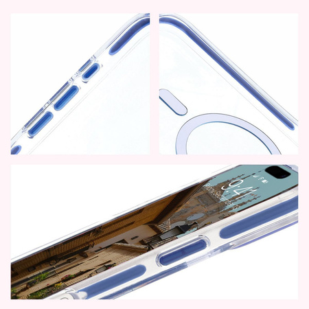 Etui z pierścieniem magnetycznym Bizon Case Marco do iPhone 16, przezroczyste z niebieską ramką