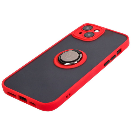 Etui z uchwytem na palec Bizon Case Hybrid Ring do iPhone 15 Plus, przydymione z czerwoną ramką