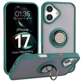 Etui z uchwytem na palec Bizon Case Hybrid Ring do iPhone 17, przydymione z ciemnozieloną ramką