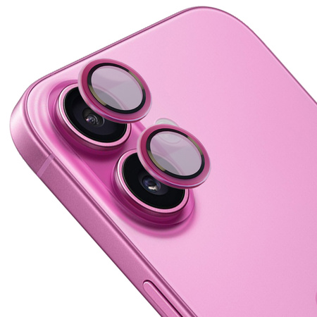 Szkło na aparat z aplikatorem Bizon Glass Snap Lens do iPhone 16/16 Plus, 1 zestaw, różowa ramka