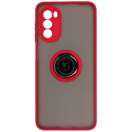 Etui z uchwytem na palec Bizon Case Hybrid Ring do Motorola Moto G52 / G82, przydymione z czerwoną ramką