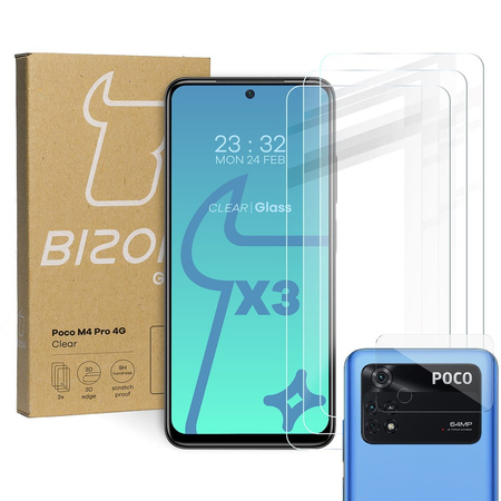 Szkło hartowane Bizon Glass Clear - 3 szt. + obiektyw, Xiaomi Poco M4 Pro 4G