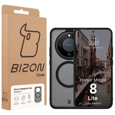 Etui z pierścieniem magnetycznym Bizon Case MatteO do Honor Magic8 Lite, przydymione-czarne
