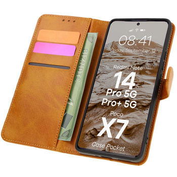 Etui z klapką Bizon Case Pocket do Xiaomi Redmi Note 14 Pro 5G / Poco X7, brązowe