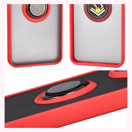 Etui z uchwytem na palec Bizon Case Hybrid Ring do Xiaomi POCO F7 Pro, przydymione z czerwoną ramką