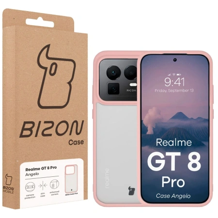 Etui Bizon Case Angelo do Realme GT 8 Pro, półprzezroczyste z jasnoróżową ramką