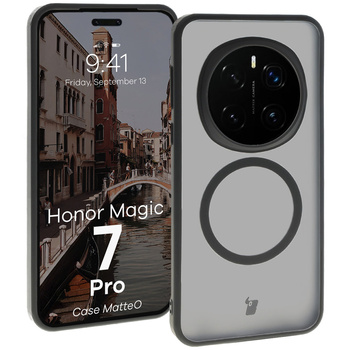 Etui z pierścieniem magnetycznym Bizon Case MatteO do Honor Magic7 Pro, półprzezroczyste z czarną ramką